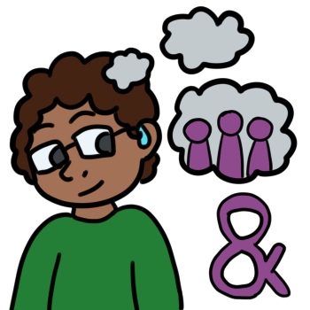 A dark skinned person with dark brown hair and a green shirt is thinking of their system. They have a blue hearing aid and glasses. They have a thought bubble with three simple figures in it, all colored in purple. Beneath the thought bubble is an ampersand (the version that is in the shape of an 8), colored in purple.